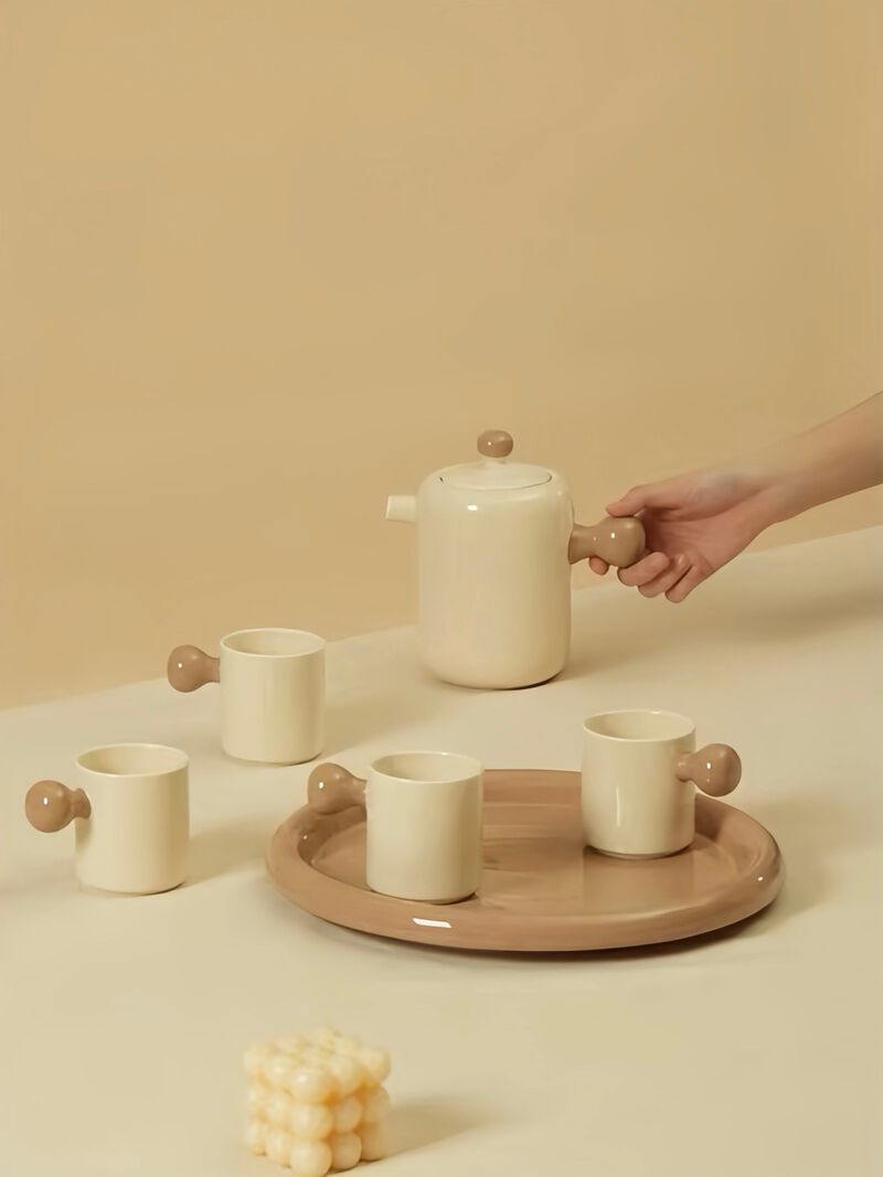Toffee  Ceramic Tea Pot Tea Cup Set of 8 Pcs with 1 pot, 1 tray & 6 cups image number 3