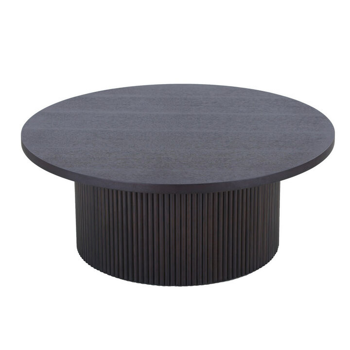 Cid Cue 35 Inch Coffee Table, Tambour Pedestal Base Black Ash Veneer Finish - Benzara