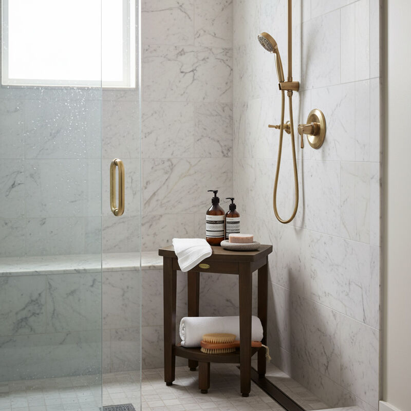 DecoTeak SnazzyCorner 15" Teak Wood Corner Shower Bench with Shelf in Woodland Brown Finish