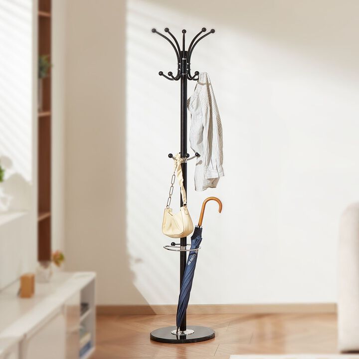 Coat Rack with Umbrella Holder, 14 Hooks Freestanding Stand with Marble Base