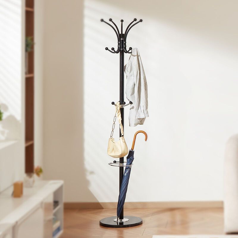 Coat Rack with Umbrella Holder, 14 Hooks Freestanding Stand with Marble Base image number 1