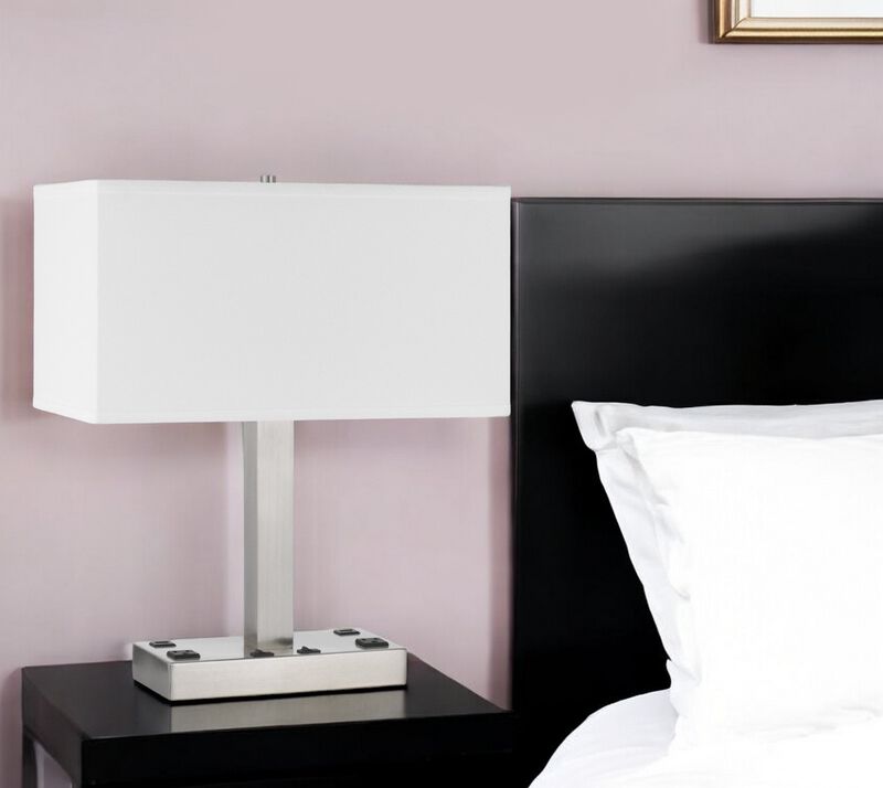 Hivvago 21" Nickel Metal Two Light Desk USB Table Lamp With White Shade