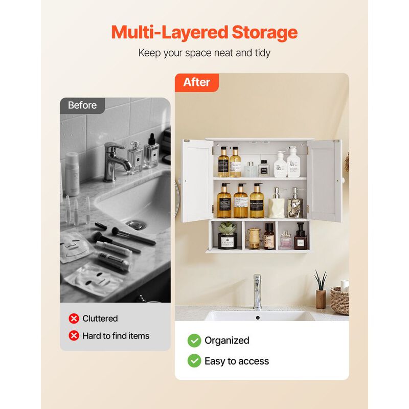 Wall Mounted Bathroom Cabinet with Mirrored Doors, Adjustable Shelf and Open Storage-White image number 6