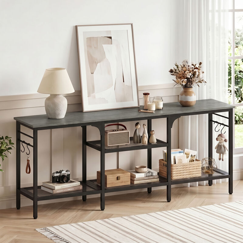 Modern TV Stand with Open Shelves and 4 Hooks Organizer image number 5