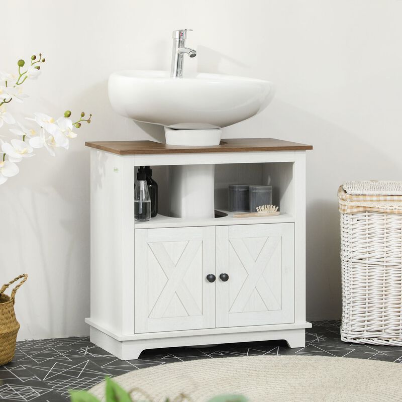 White Bathroom Storage: Pedestal Vanity Cabinet with 2 Doors & Shelves