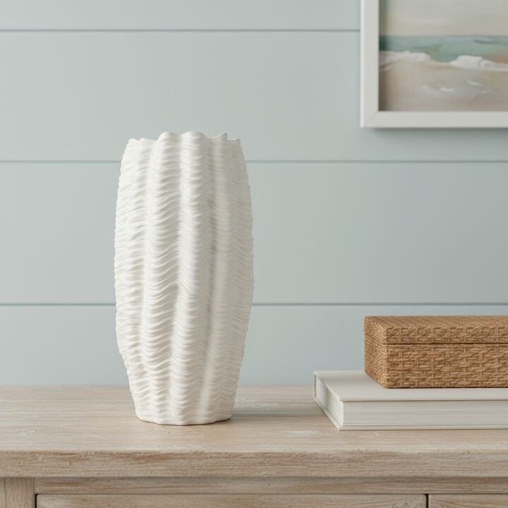 HomeRoots 24" Cream Cylinder Ceramic Sculptural Waves Table Vase