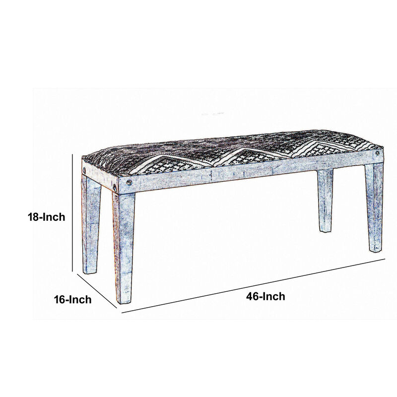 Fabric Upholstered Wooden Bench with Tapered Legs, Brown and Blue