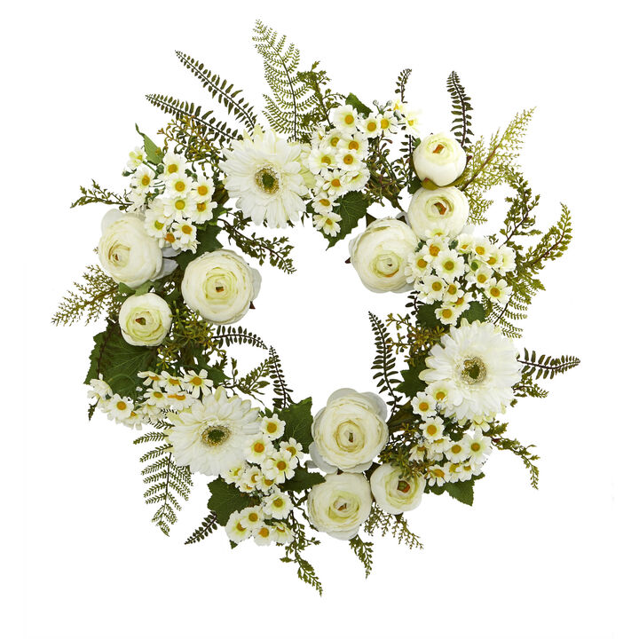 Mixed Daisies and Ranunculus Artificial Spring Wreath  24-Inch  Unlit