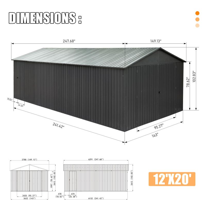 Mondawe 12x20FT Outdoor Metal Garage Shed, Extra Large Metal Carport with Lockable Double Hinged Doors image number 9