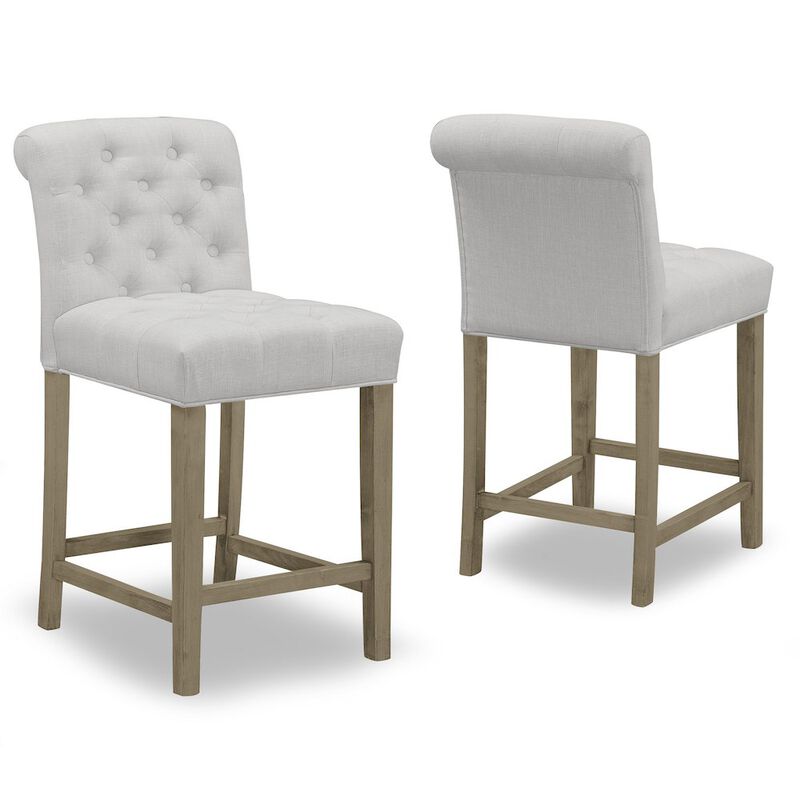 Glamour Home Set of 2 Beige Fabric Counter Stool Roll Back Design and Tufted Buttons