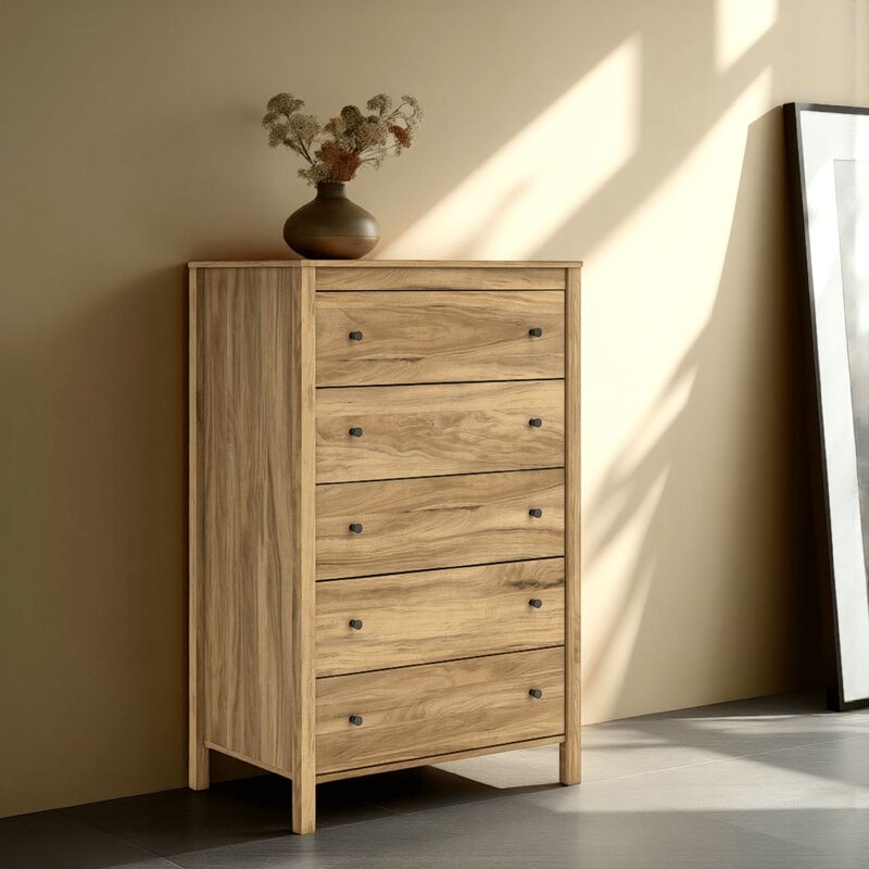 Maci Tall Dresser Chest, 5 Drawers, Natural Brown Wood Finish, 50 Inch