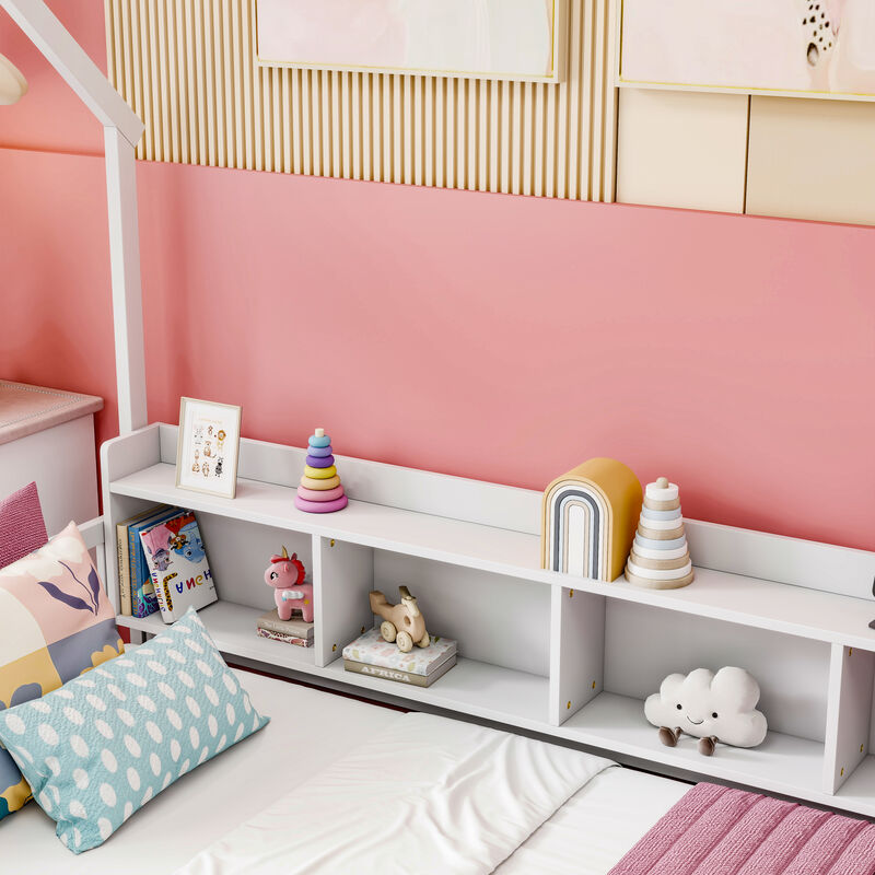 Whisen Twin Size House Floor Bed with Storage Shelves, LED Lights & Charging Station, Pine Wood Kids Platform Bed with Guardrails image number 8