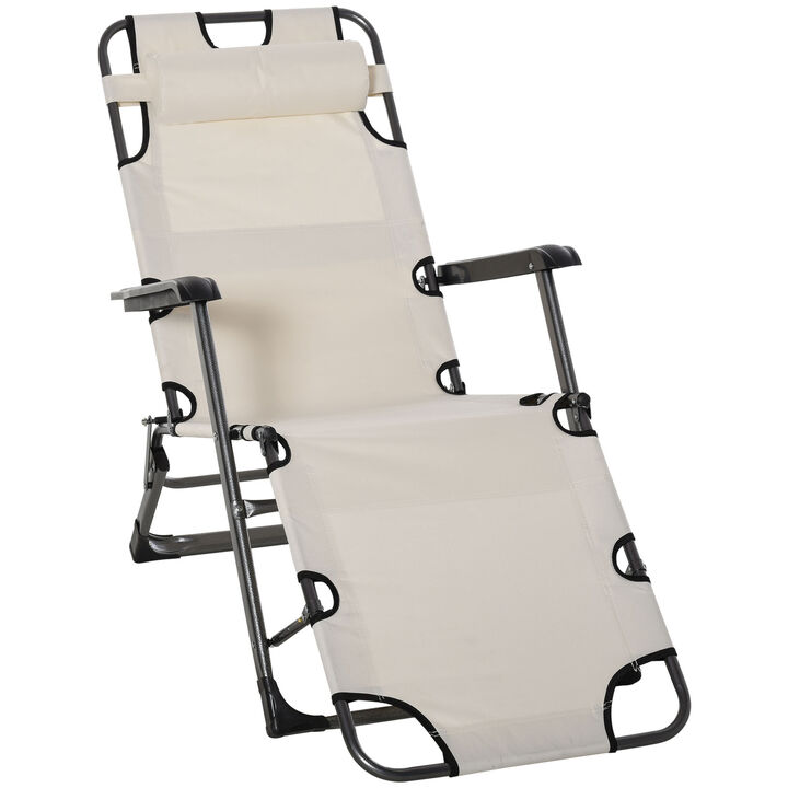 Outdoor Folding Patio Chaise Lounger Armchair Recliner w/ Padded Headrest, Cream
