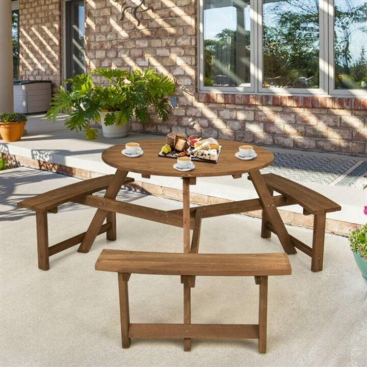 Outdoor Solid Wood Round Dining Table Set with Umbrella Hole and 3 Benches
