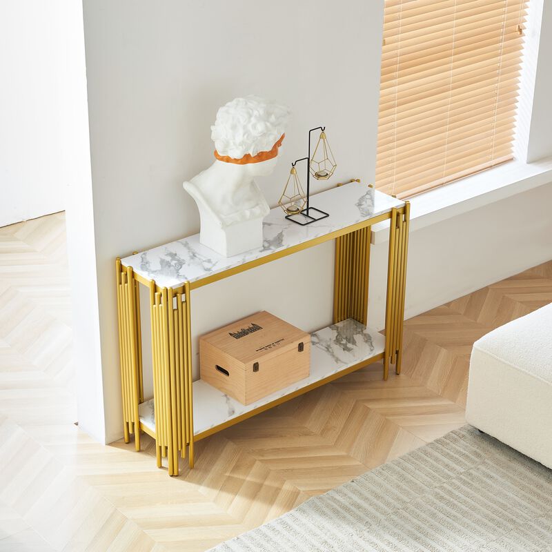 Modern Gold Console Table with Marble Effect Top & Metal Frame, 48-Inch Hallway Solution