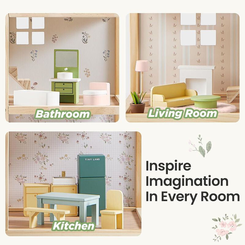 Wooden Dollhouse - 6 Rooms Wooden Doll House, DIY Pretend Doll House with 31Pcs Furniture Accessories, Creative Gift for Girl image number 5