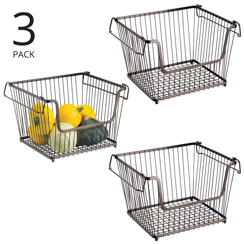 mDesign Large Metal Stackable Kitchen Basket w/ Handles - 3 Pack - Bronze image number 3