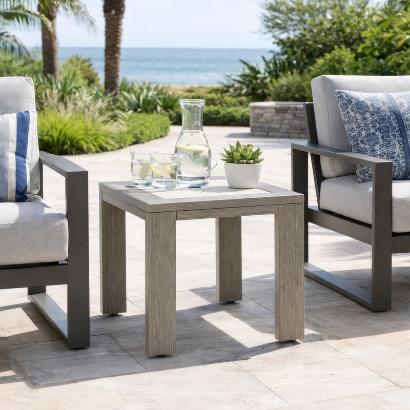 Isle Outdoor Square End Table, Woodlike Grayish Brown Metal, 22 Inch image number 1