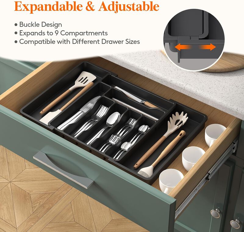 Expandable Drawer Organizer Utensil Tray Adjustable Storage Flatware and Cutlery image number 3