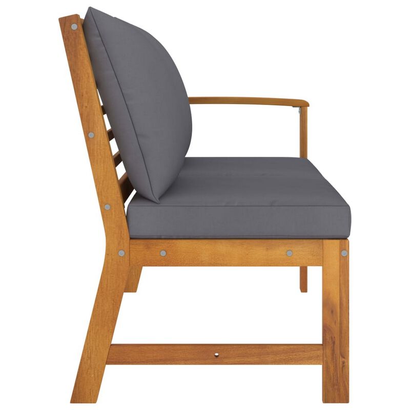 Outdoor Bench, Gray Fabric Cushions, Slatted Brown Solid Acacia Wood - Benzara