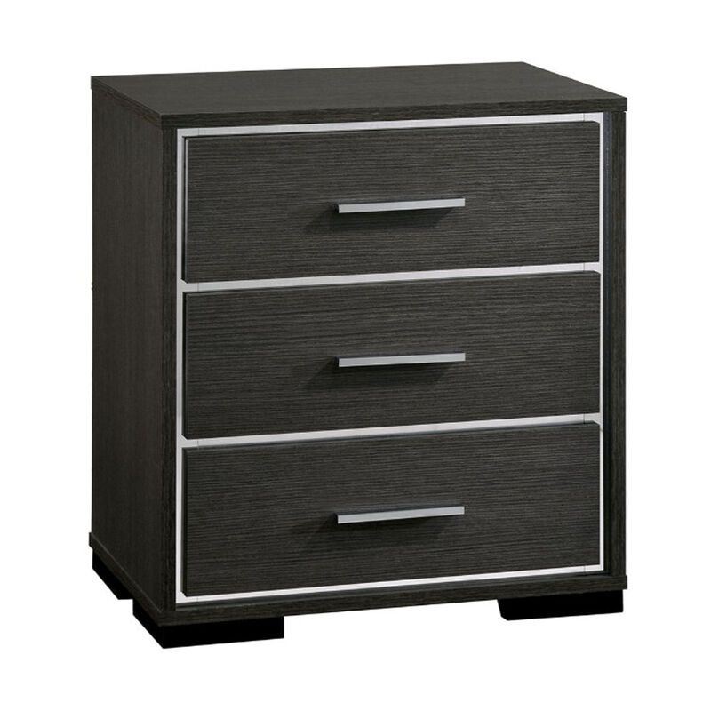 Contemporary Style Three Drawers Wooden Nightstand with Bar Handles, Dark Gray - Benzara