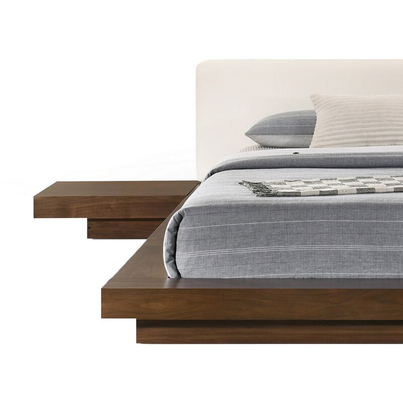 Nia Queen Size Bed, White Faux Leather, Walnut Brown Low Profile Platform  - Benzara