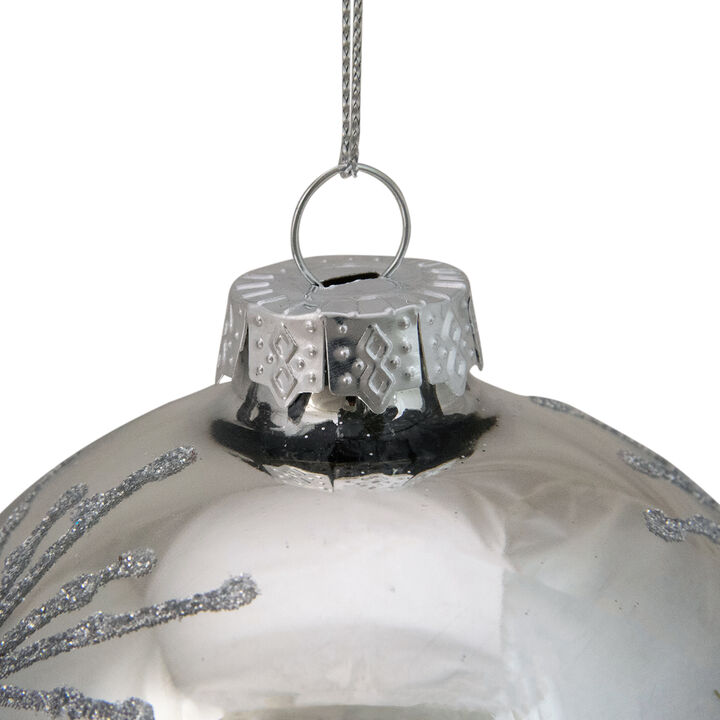 Shiny Silver Mirrored with Glitter Snowflakes Christmas Ball Ornament 4" (101mm)