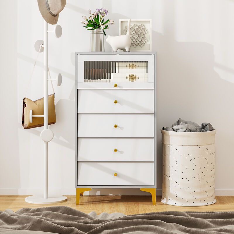 4-Drawer Modern Side Cabinet with Flip-Up Fluted Glass Front
