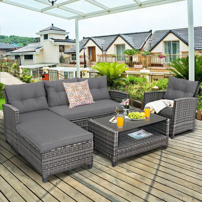4 Pieces Patio Rattan Sofa Furniture Set with Cushion and 2-Tier Coffee Table image number 1