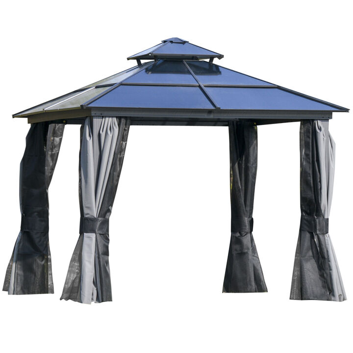 Outsunny 10' x 10' Hardtop Gazebo Canopy with Polycarbonate Double Roof, Aluminum Frame, Permanent Pavilion Outdoor Gazebo with Netting and Curtains for Patio, Garden, Backyard, Deck, Lawn, Black