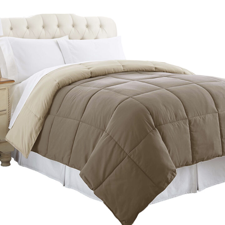 Genoa King Size Box Quilted Reversible Comforter The Urban Port, Brown and Gold-Benzara