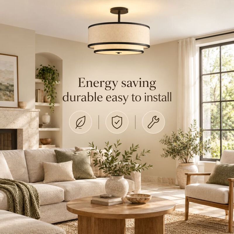 ELEMENT ACE 15 inch Modern Flush-Mount Ceiling Light Fixture with Fabric Shade and Gold Trim for Living Room, Bedroom, Dining Room image number 4