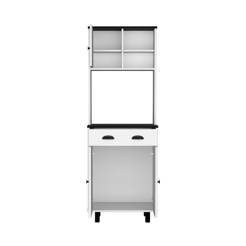 Kitchen Pantry 67" H, Two Cabinets, Three Doors, Two Open Shelves, One Drawer, Microwave Storage Option, White/Black