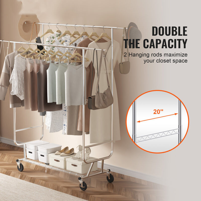Heavy Duty Garment Rack with Double Rods, Adjustable Height, and Bottom Storage