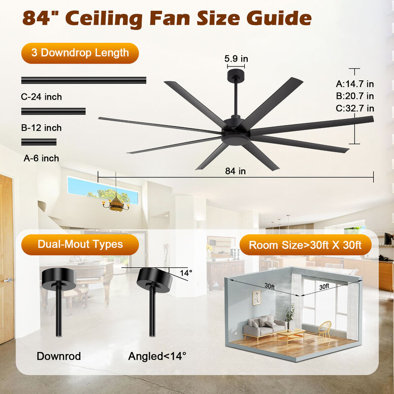 Breezary 84" Large Ceiling Fan No Light,8 Blade, Quiet DC Motor, Remote Control, 6 Speeds image number 2