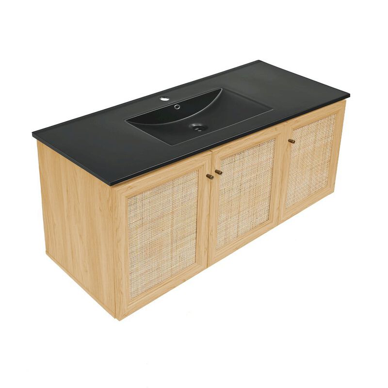 Classe 48" Wall-Mounted Bathroom Vanity in Natural Oak with Black Sink Top image number 1