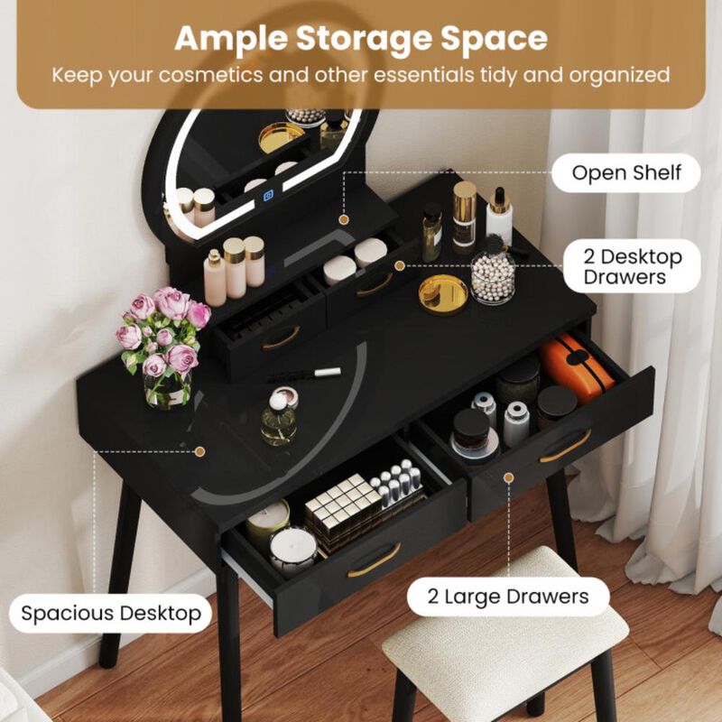 Hivvago Small Vanity Makeup Dressing Table Set with Cushioned Stool and LED Lighted Mirror