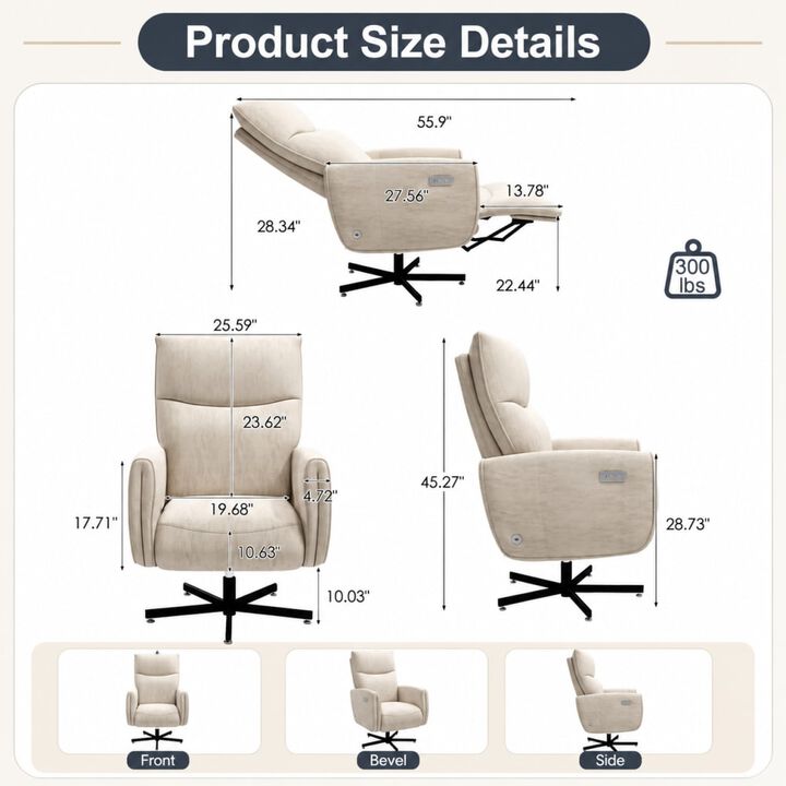 GOODSILO Power Swivel Recliner Chair with USB & Type-C Charging, 360&deg; Swivel Electric Accent Chair for Home Office and Living Room Easy Assembly
