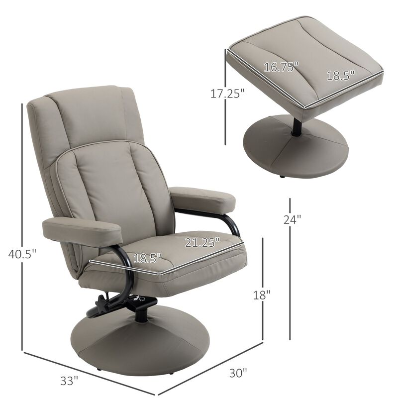 Swivel Recliner, Manual PU Leather Armchair with Ottoman Footrest for Living Room, Office, Bedroom, Grey