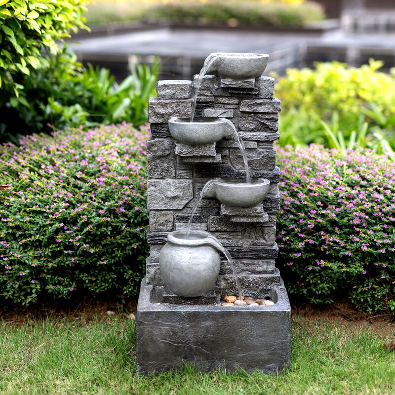 Outdoor 4-Tier Cascading Water Fountain with LED Lights, Gray image number 6