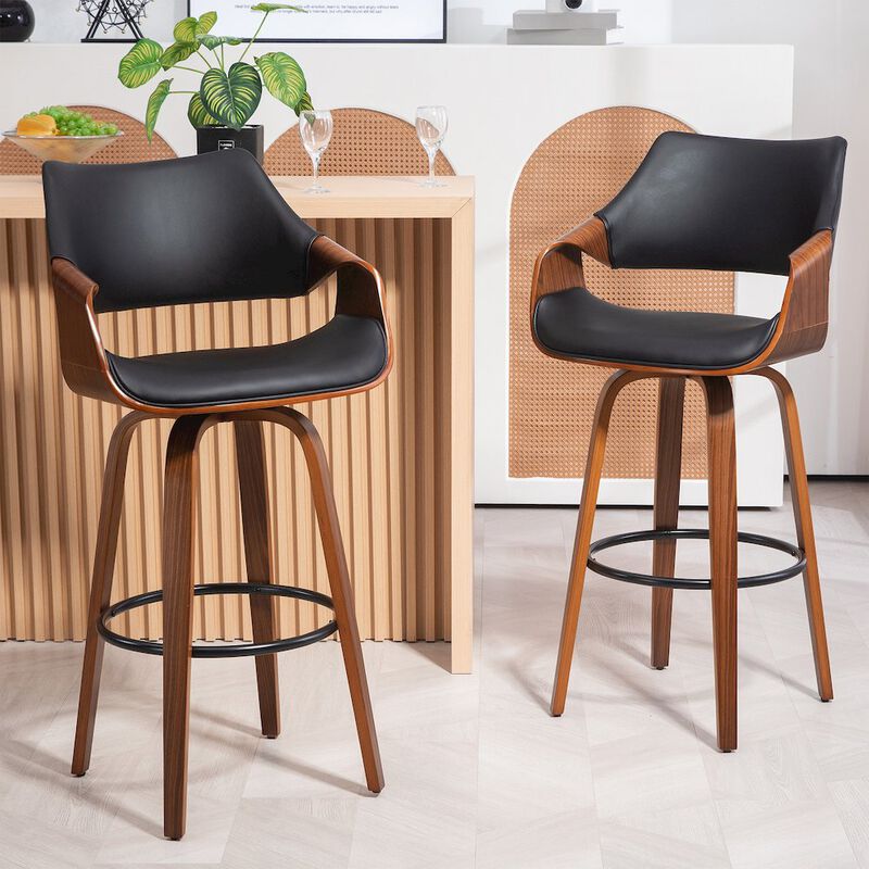 Glamour Home Beasley Black Faux Leather Bar Stool with Walnut Wood Legs