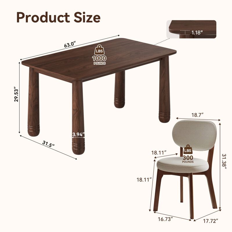 63" Solid Wood Dining Table Set with 6 Upholstered Chairs, rectangular dining room table set with sturdy wood frame, modern farmhouse dining furniture set image number 2