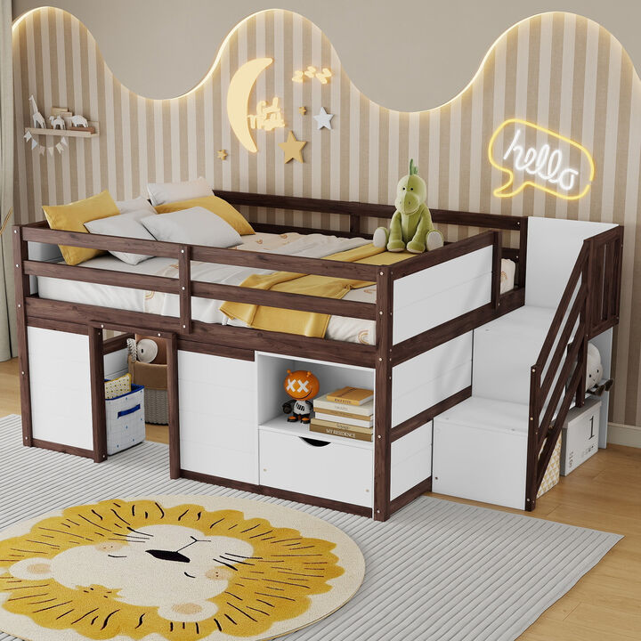 Whisen Full Size Solid Wood Low Loft Bed Frame with Built-in Stairs, Storage Drawer & Shelf for Kids Bedroom