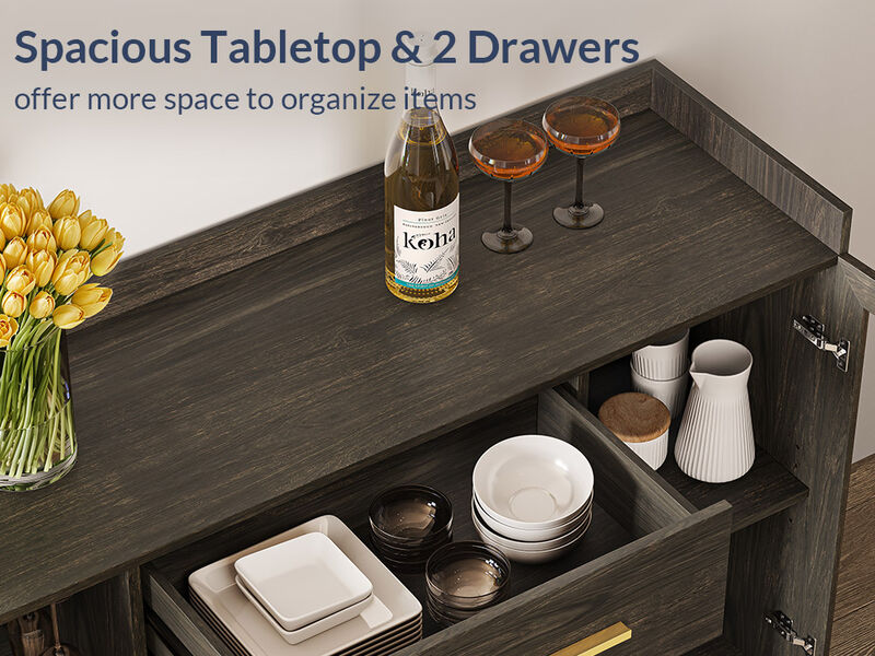 BELLEZE 55" Wine Cabinet, Sideboard Buffet with Wine Rack and Glass Holder, Home Coffee Bar Freestanding Liquor Cabinet with Display Glass Doors for Living Room, Dining Room - Marcel