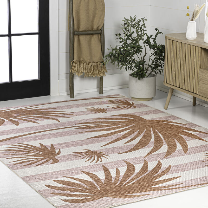 Veronica Classic Beach Stripe and Palm Leaf Indoor/Outdoor Area Rug