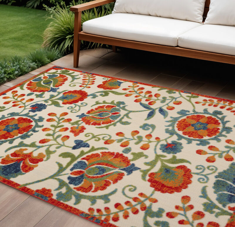 HomeRoots 6' X 9' Red Gold Green And Teal Blue Floral Indoor Outdoor Area Rug image number 1