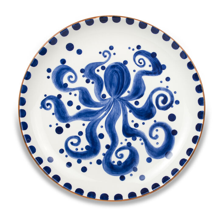 Euro Ceramica Costa Azul Hand Painted Octopus Design 15-Inch Round Ceramic Serving Platter