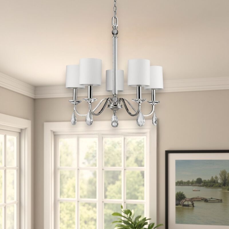 Hivvago Silver Candle Style Five Light Metal and Crystals Dimmable Chandelier With White Shades