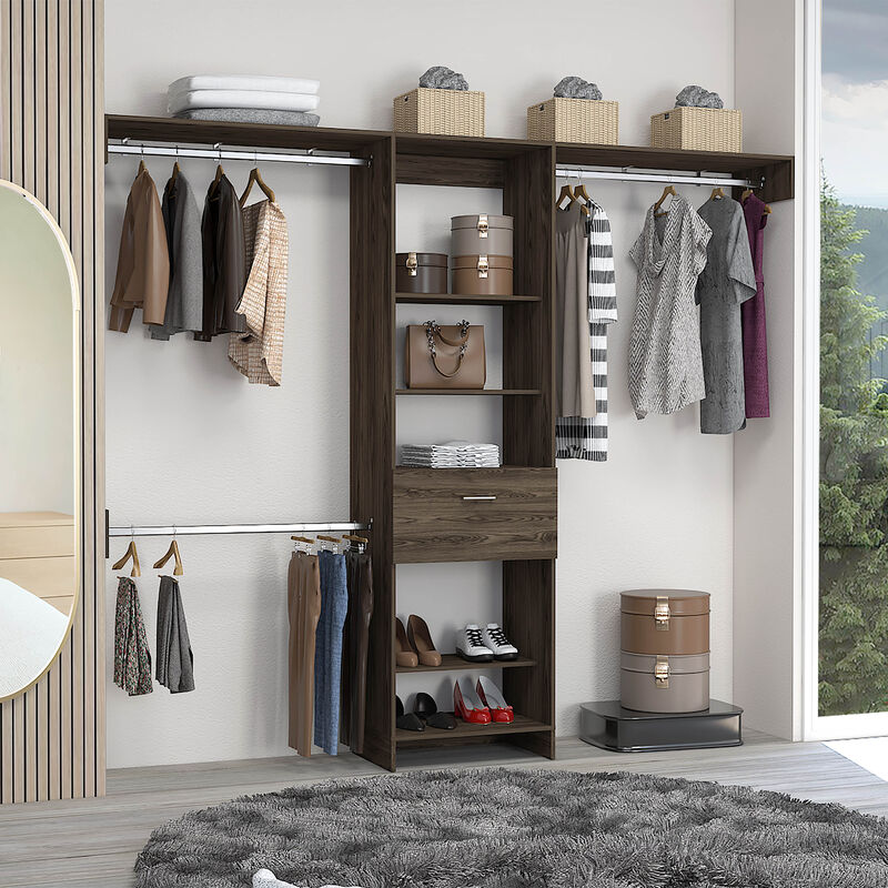 DEPOT E-SHOP Brisk Closet System, One Drawer, Three Metal Rods, Five Open Shelves, Black