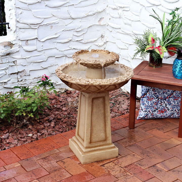 Sunnydaze Beveled Flower Polyresin Outdoor 2-Tier Bird Bath Fountain